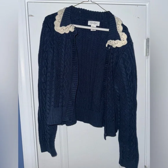 Navy Blue Jessica Simpson Cable Knit Sweater with crocheted Cream Collar - Picture 1 of 2